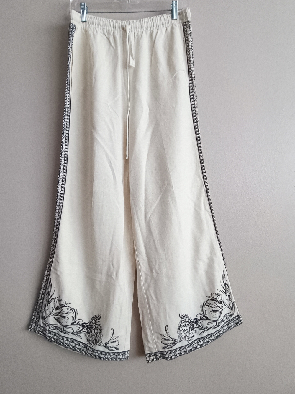 Max Studio White Wide-Leg Linen Blend Pants Floral Trim L